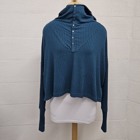Free People Movement Blissed Out Rib Mock Neck Henley Hoodie in Teal Size Small - Picture 7 of 15